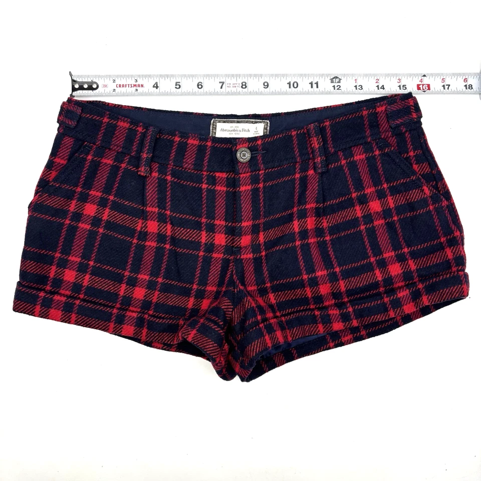 Винтажные микро шорты Y2K Abercrombie & Fitch красные темно-синие клетчатая шерстяная смесь 4 30x2,5 дюйма - Изображение 4 из 4