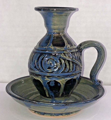 VTG Papuan New Guinea Pottery Art Vase Attached Underplate Signed TAYAS KTU PNG - Picture 15 of 16