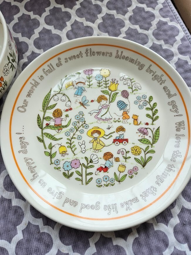 Vintage 70's Lenox "Gentle Friends" Plate and Bowl Children's Set Kids Flowers