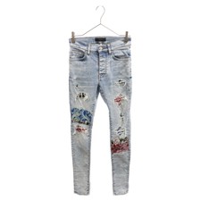 AMIRI Bandana Patch Crash Damaged Skinny Jeans Denim Pants Indigo Blue Used