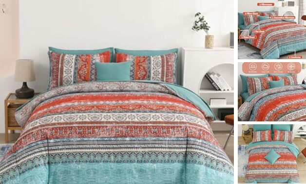 Boho Comforter Set 8 Pieces Comforter Bohemian Striped Bed in Queen Terracotta