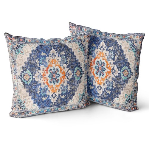 Blue Boho Throw Pillow Covers Set of 2 Monaco Rug Carpet Double Sided Pattern...
