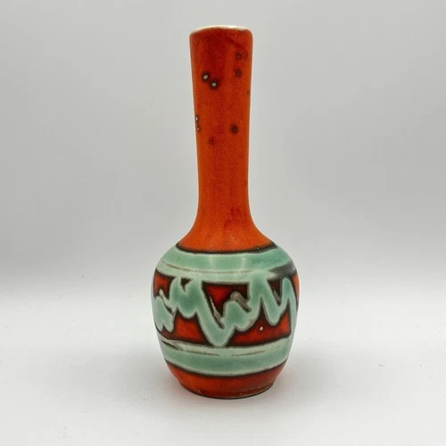 Royal Haeger 1970s Mid Century Seminole Orange Teal Ceramic Vase 7" Vintage RARE