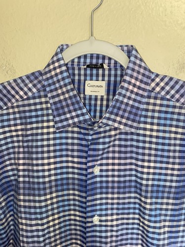 Culturata Dress Shirt Italian Blue Multi Long Sleeve Large 16.5 Tailored Fit - Picture 2 of 8