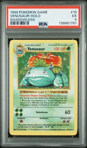1999 Pokemon Game #15 Venusaur-Holo Shadowless PSA 5 Excellent WOTC