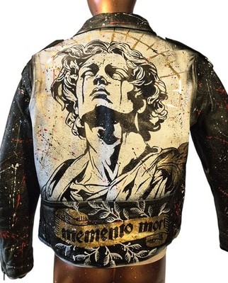 Vintage Leather Hand Painted Memento Mori Crying Angel Gold Leaf Jacket #24