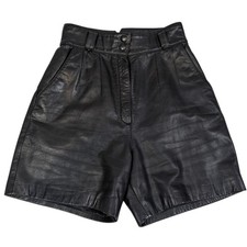 Vintage 1980s Black Leather High Waisted Shorts Pleated Lined
