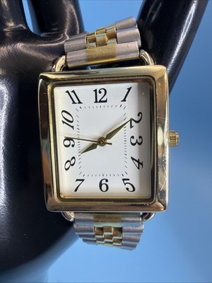 Gold Rectangular Watch Quartz JAPAN Movement Two Tone Band