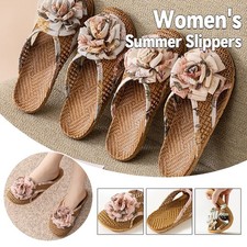 Women Summer Slippers with Flower Non-Slip Rattan Woven Indoor House Shoes.