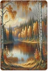 Vintage Autumn Birch Trees Lake Metal Tin Wall Sign Rustic Decor 8X12 Inch