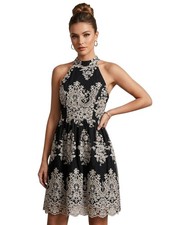 Black Lace Halter Neck Mini Dress MEDIUM Embroidered Mesh Damask Cocktail Party 