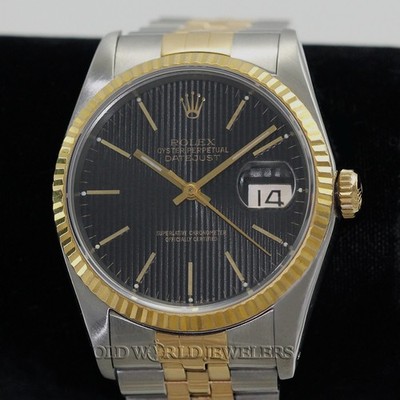 Rolex Vintage Datejust Ref 16233 Black Tapestry Dial Steel 18K Gold w/Box 1990