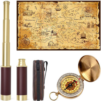 Pirate Spyglass Telescope Treasure Map Pocket Compass Kids Toys Set, Handheld Co