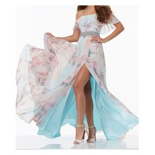 Morilee Prom Dress 99024 Gardner Size 6 Blue Floral Beaded Off Shoulder Ruffle