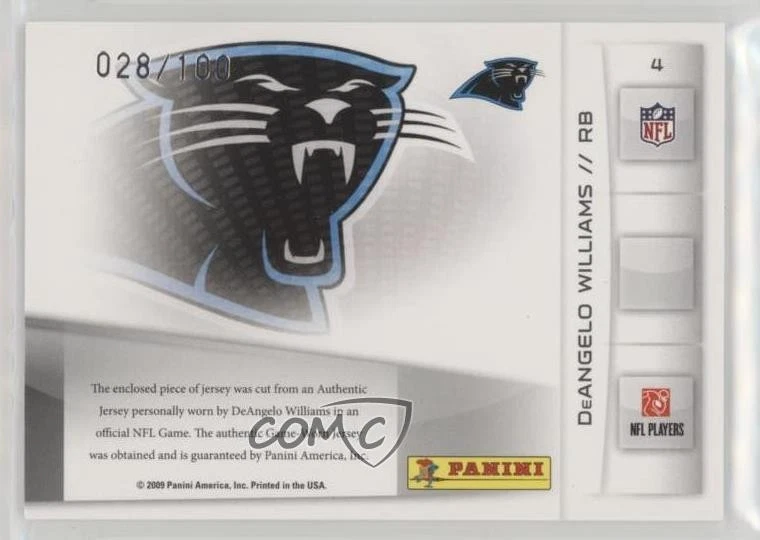 2009 Playoff Prestige Touchdown Sensations Materials /100 DeAngelo Williams #4 - Image 2 of 2