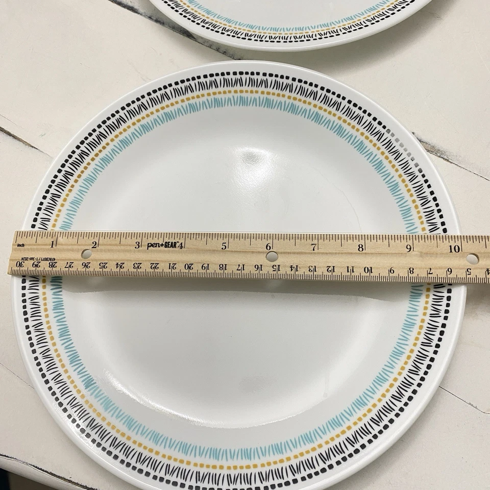 Set Of 2 Corelle PALOMA 10.25” Dinner Plates Black Aqua Goldenrod Stitching - Image 2 of 3