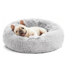Calming Cat Bed 20in Round Donut Bed Anti Anxiety Washable Faux Fur Light Grey