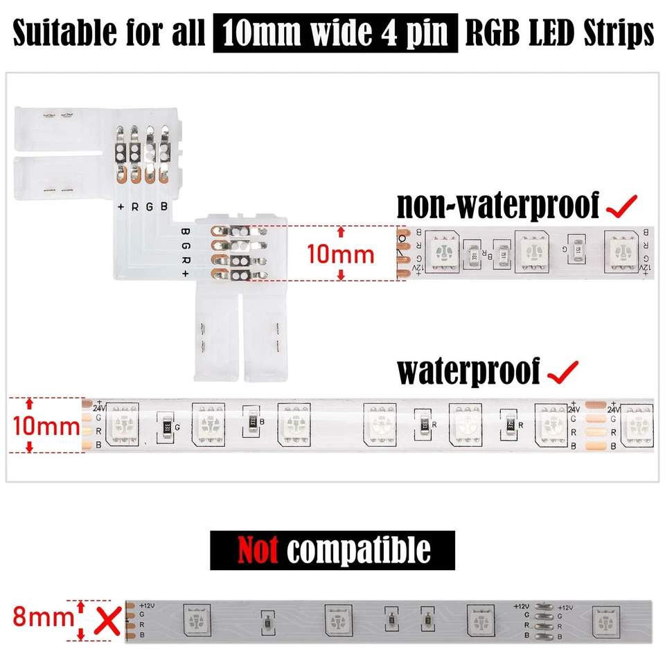 L shape 4 Pins Connector 10-pack JACKYLED 10mm Right Angle Corner Solderless ... - Image 4 of 4