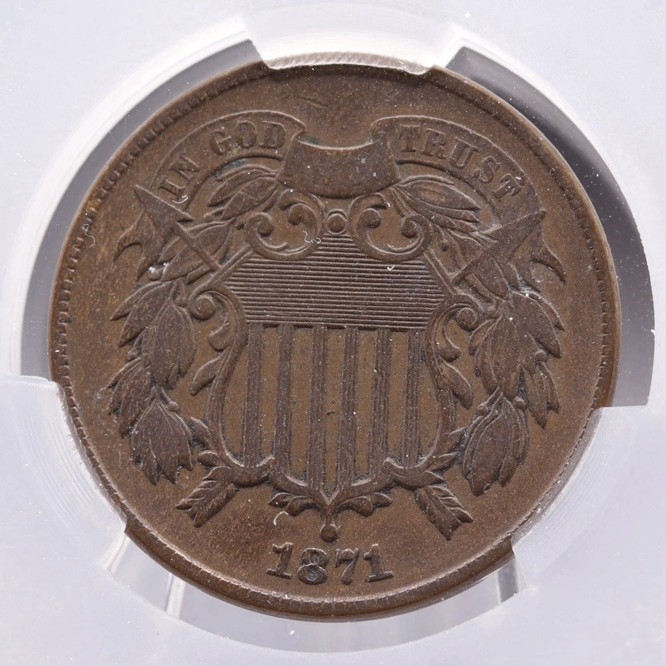 1871 2C Two-Cent Piece CAC VF30 Key Date Low Mintage Copper Coin - Image 2 of 4