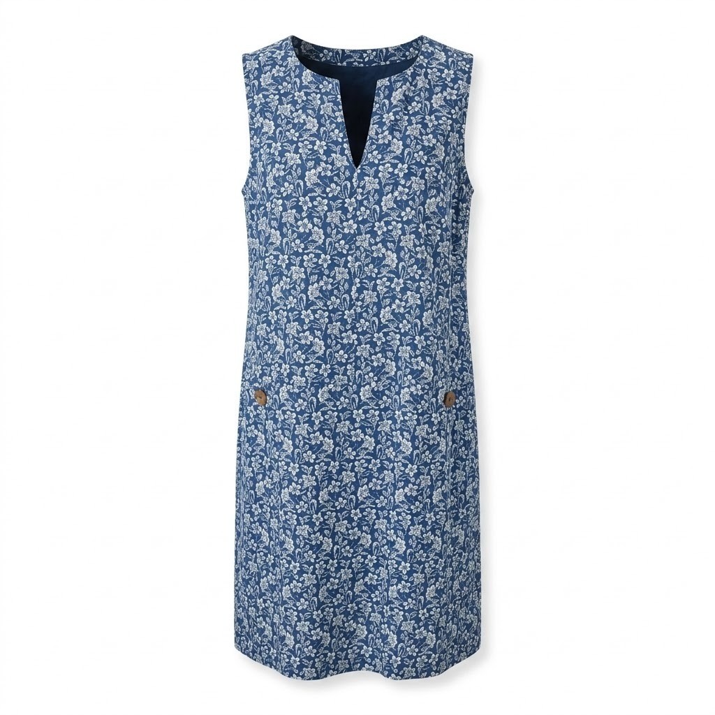 chinese dress ladies Roman Elegance Fit & Flare Blue Printed Cotton-Linen Dress main image 0