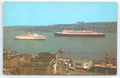 Postcard Two Ships Passing in Front of Dufferin Terrace Quebec Canada