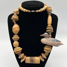 VTG Wood Seeds Bead Hand Painted Made Necklace Mallard Hen Duck Brown Hunting 28