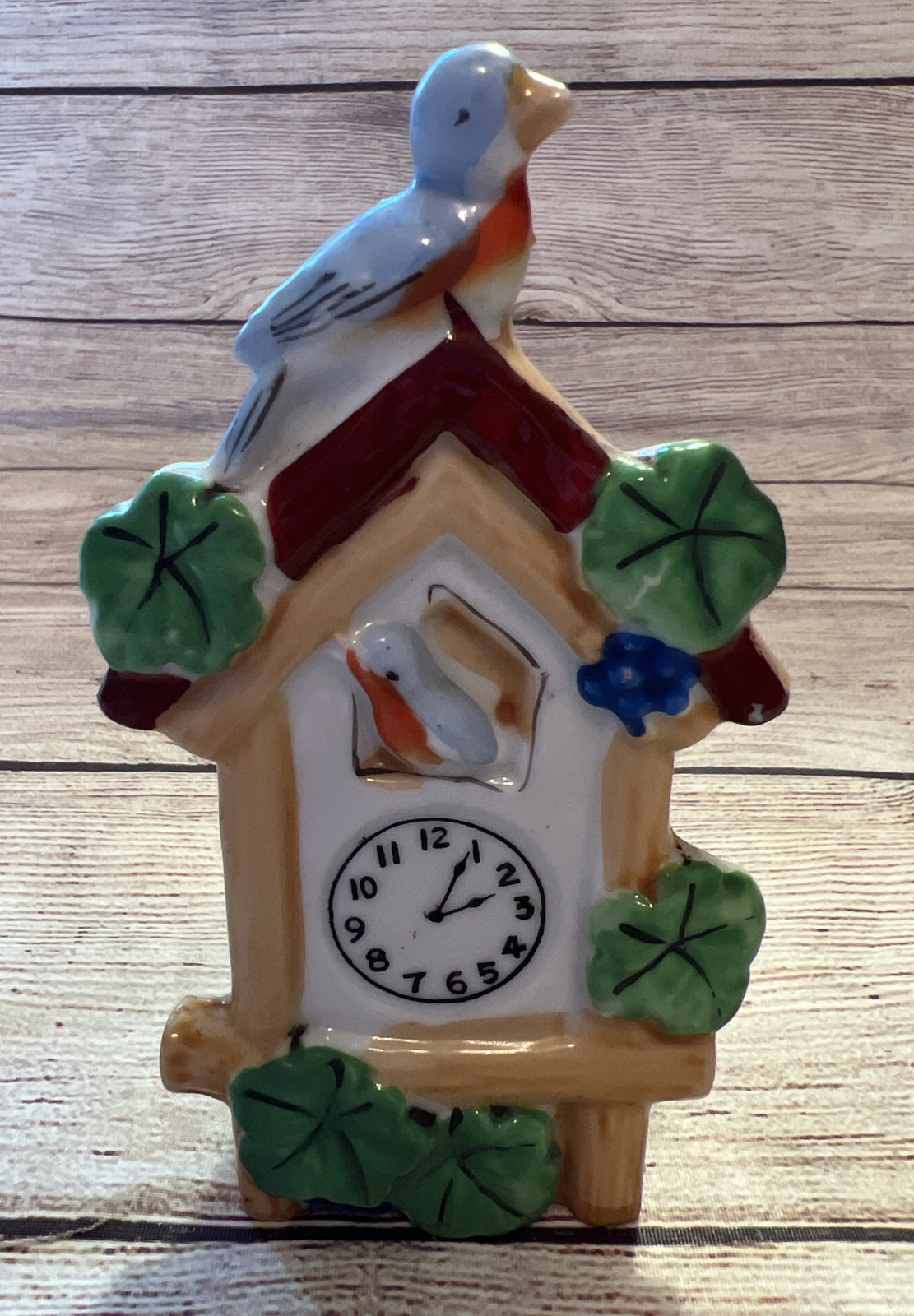Vtg Luster Cuckoo Clock Blue Bird Robin Leaves Wall Pocket Vase Japan 5.5”