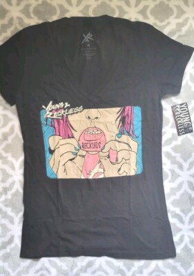 Young & Reckless Black W Size Medium T-shirt Reckless Face Lips Logo CLASSIC NEW