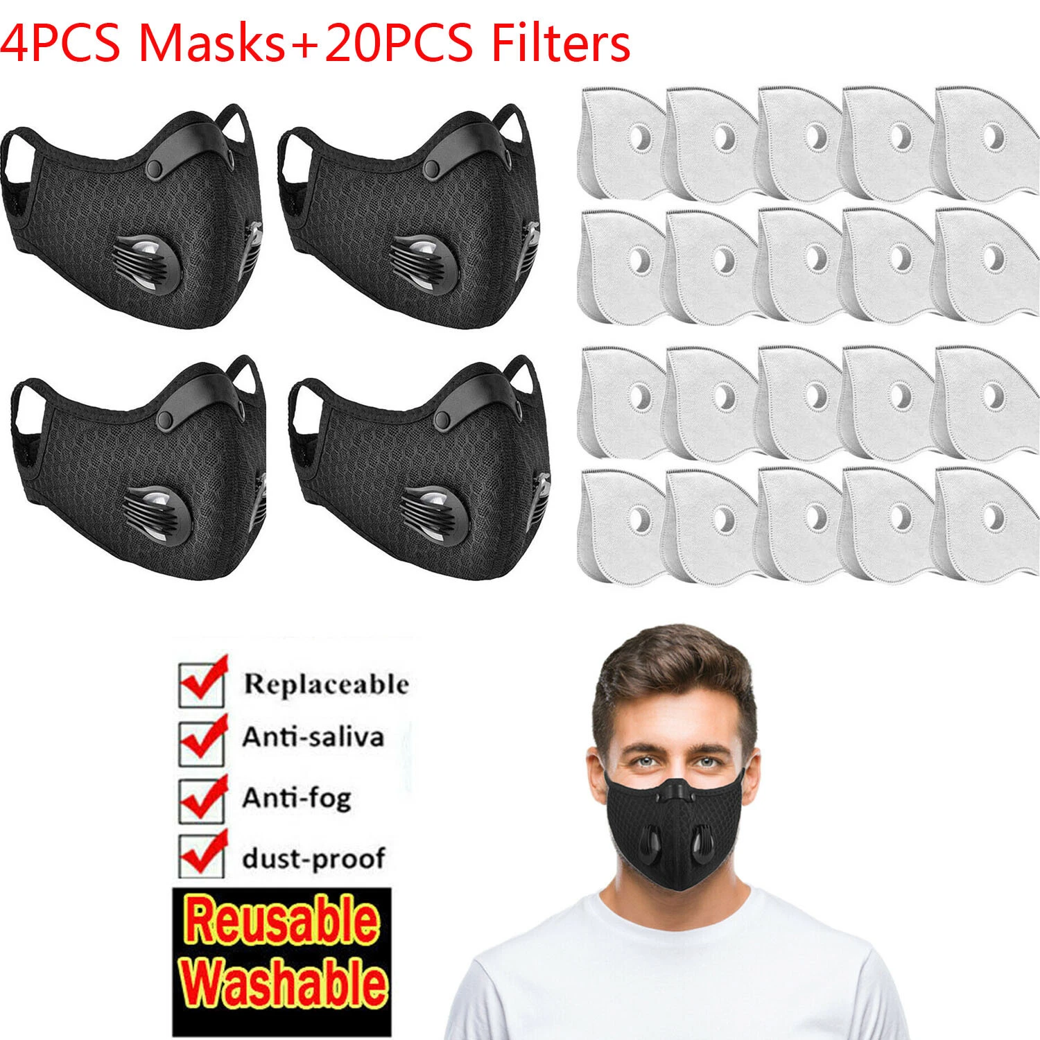 4pc Masks Washable Anti-fog Haze Face Mouth Cover Protetion Respirator W Filters