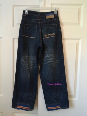 Y2K Roca Wear Logo Dark Blue Denim Jeans Distressed Size Youth Boys 12