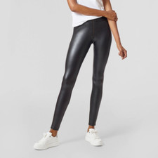 HUE STUDIO FRONT ZIP LEATHERETTE LEGGING BLACK SMALL MID-RISE COMFORT WAISTBAND