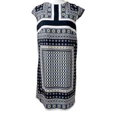MNG Mango | Navy Blue & White Short Cap Sleeve Printed Sheath Dress XS