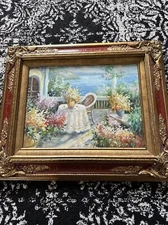 VTG Beautiful Original Oil Hand Painted on Canvas Garden Terrace Signed Framed