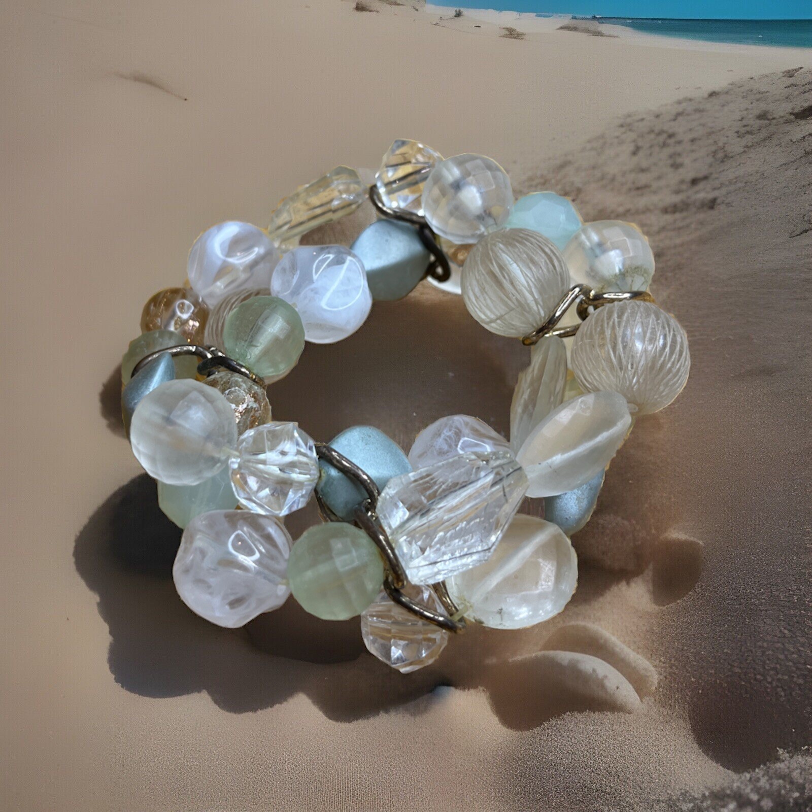 Triple Stack Beaded Stretch Bracelet Blue & Turqu… - image 6