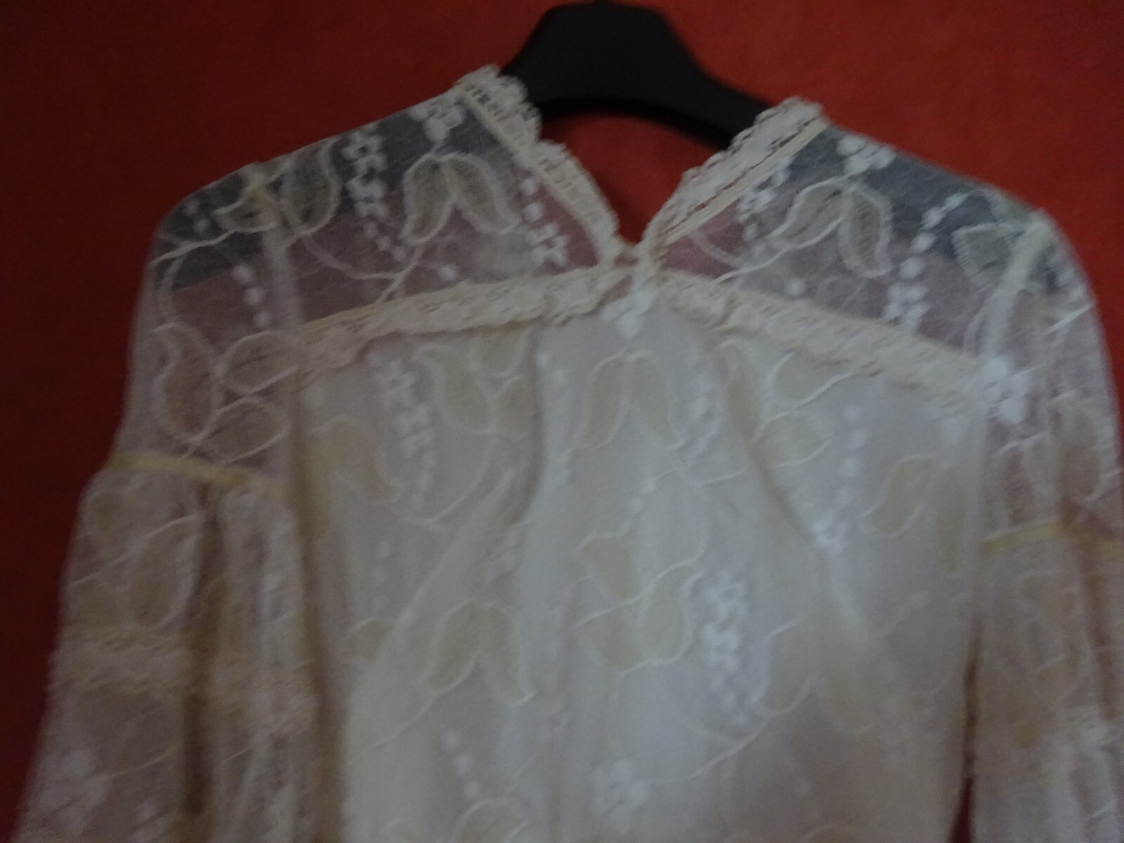 Dentelle Résille Ancienne Brodée Florale écru 49x14cm - Vintage Bon état - Fabriqué France