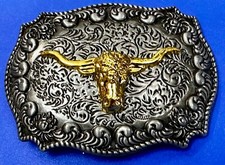 Western Bull Skull Texas Long Horns Rodeo Cow Silver  Gold Color Belt Buckle