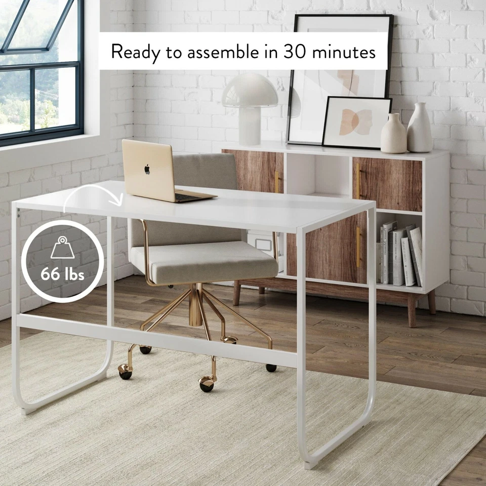 Nathan James Penny White Writing Desk with Sleek Curved Metal Desk Frame for Hom - Imagem 2 de 4