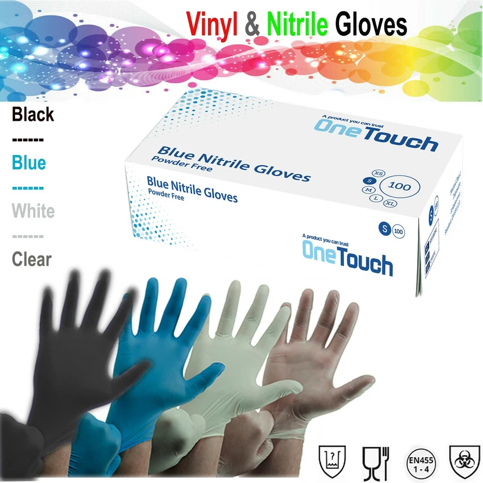 ONE TOUCH Disposable Nitrile Gloves Powder Free Latex Free Clear Vinyl | 100 Boxed