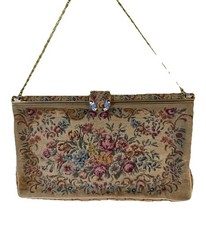 Antique Micro Petit Point Needlepoint Purse Handbag Enamel Clasp Accents 8 3/8  