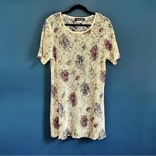 Vintage 1980s Lace Shirt Dress Women's Plus Size 18 Floral Sharade Purple Cream