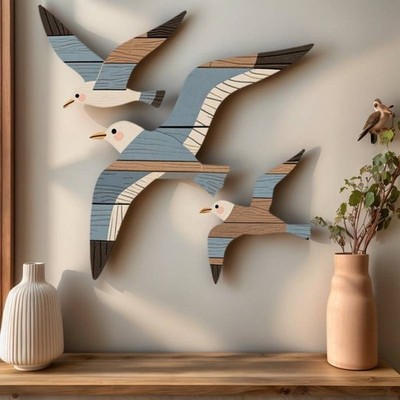 Three-piece Classic Wooden Seagull Wall Decor, Marine Bird Art, for Villas, Home