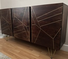 Dark Mango Wood and Gold Metal Legs Large Sideboard with 2 Doors and 3 Drawers