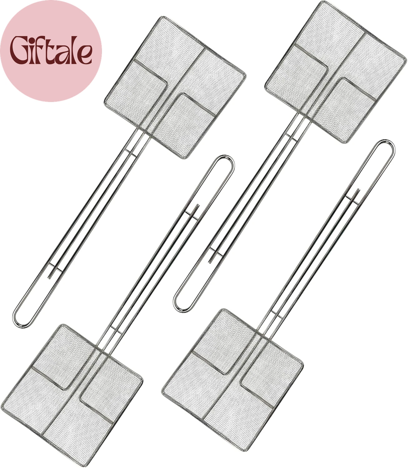 Wire Mesh Strainer with Long Handle | 4-Pack | 6.5" Square Frying Spoon | Cookin