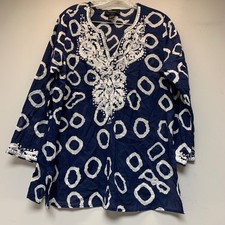 Karen Kane Tunic Top Womens XS Navy Blue Excellent Embroidered Cotton Boho 12491