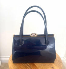 Harmony Navy Patent Leather Top Handle Bag Clasp Gold Hardware Made in England