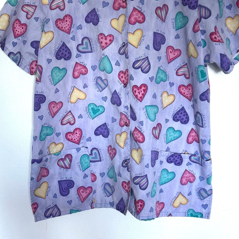 Simply Basic Scrub Top Women's Large Purple Heart Short Sleeve Pockets Snap - Image 4 of 4