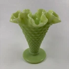 Vtg Fenton Lime Green Satin Custard Glass Hobnail Ruffled Vase 1970s