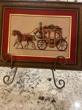 Vtg Horse Drawn Carriage Stagecoach Needlepoint Framed Equestrian Wall Art
