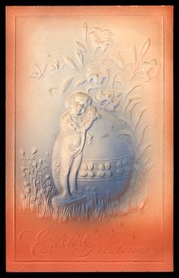 Postcard Easter Greetings, Embossed Image of Child with Easter Egg