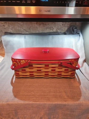 Longaberger 2012 Crimson Hill Long Market Basket With Protector Liner And Lid